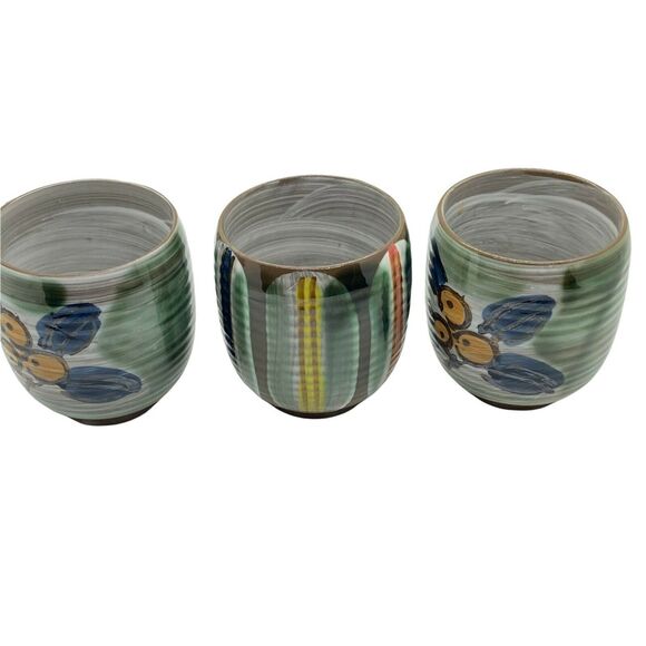 Asian Tea Cups Set Of Three Vintage Gray Green Blue Ceramic Round Sticker Marked - Picture 2 of 16